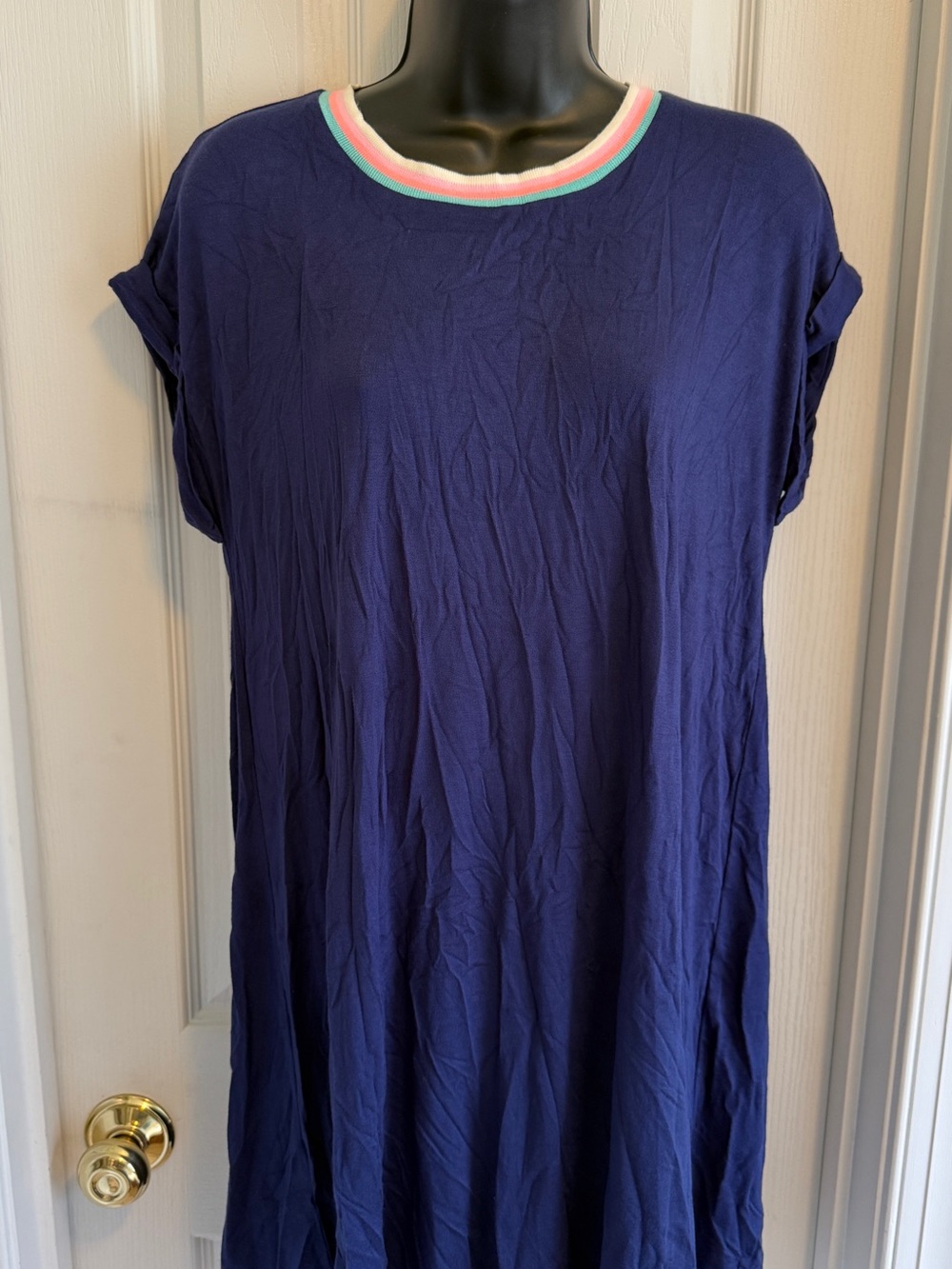 Pink Rose Navy Midi Dress with Mint and Pink Trimmed Crew Neck
